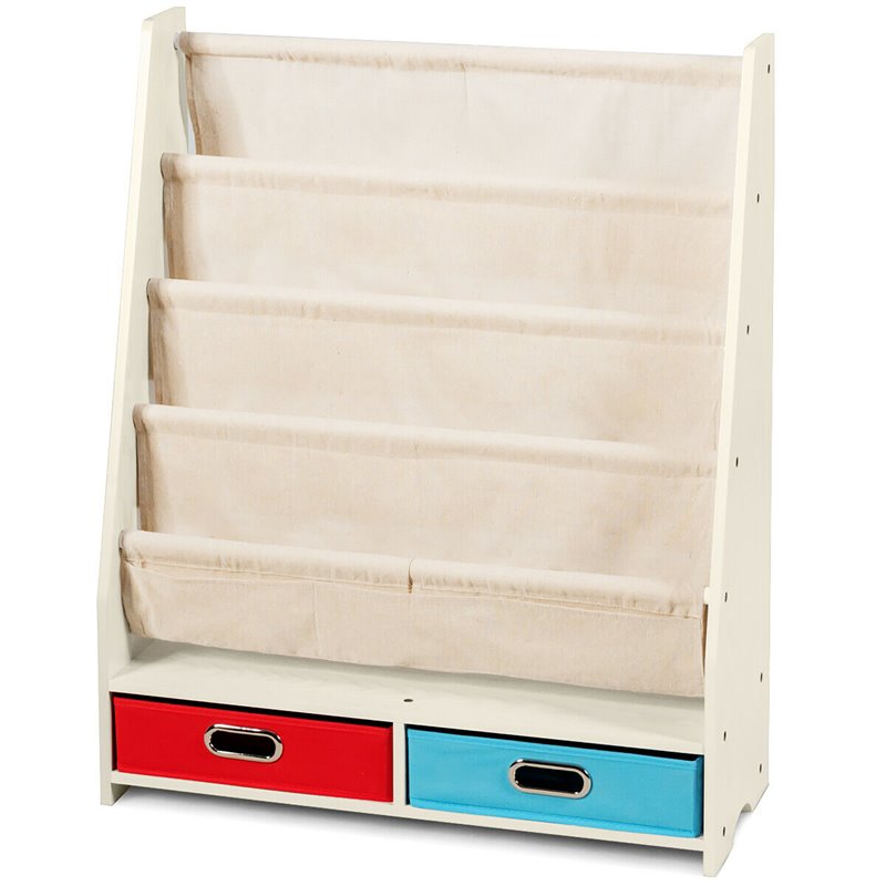Pemberly Row Kids Book Rack Toys Organizer w/ 4 Sling Bookshelf & 2-Box in Beige