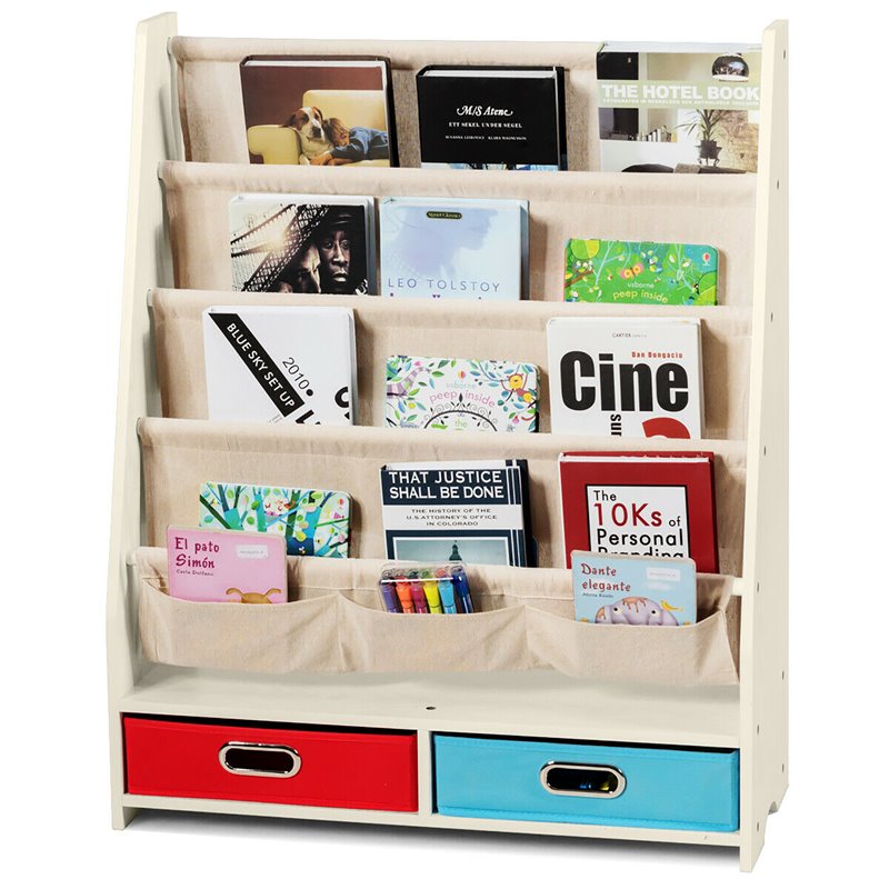 Pemberly Row Kids Book Rack Toys Organizer w/ 4 Sling Bookshelf & 2-Box in Beige