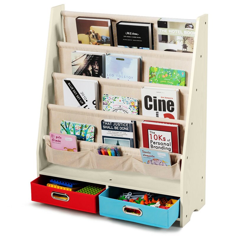 Pemberly Row Kids Book Rack Toys Organizer w/ 4 Sling Bookshelf & 2-Box in Beige
