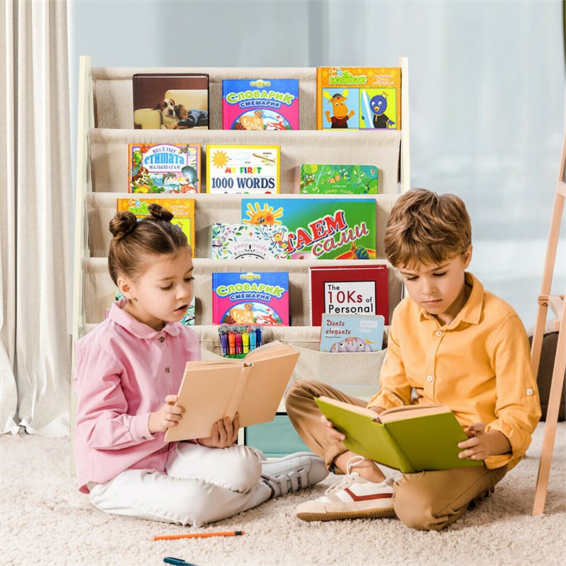 Pemberly Row Kids Book Rack Toys Organizer w/ 4 Sling Bookshelf & 2-Box in Beige