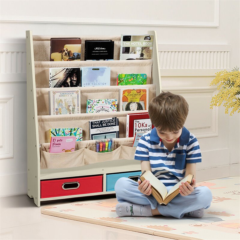 Pemberly Row Kids Book Rack Toys Organizer w/ 4 Sling Bookshelf & 2-Box in Beige