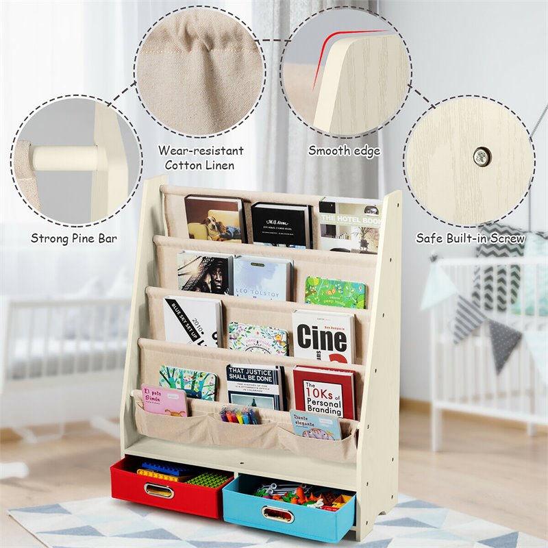 Pemberly Row Kids Book Rack Toys Organizer w/ 4 Sling Bookshelf & 2-Box in Beige