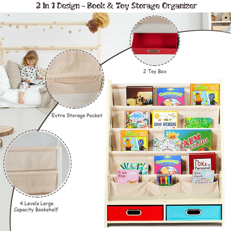Pemberly Row Kids Book Rack Toys Organizer w/ 4 Sling Bookshelf & 2-Box in Beige