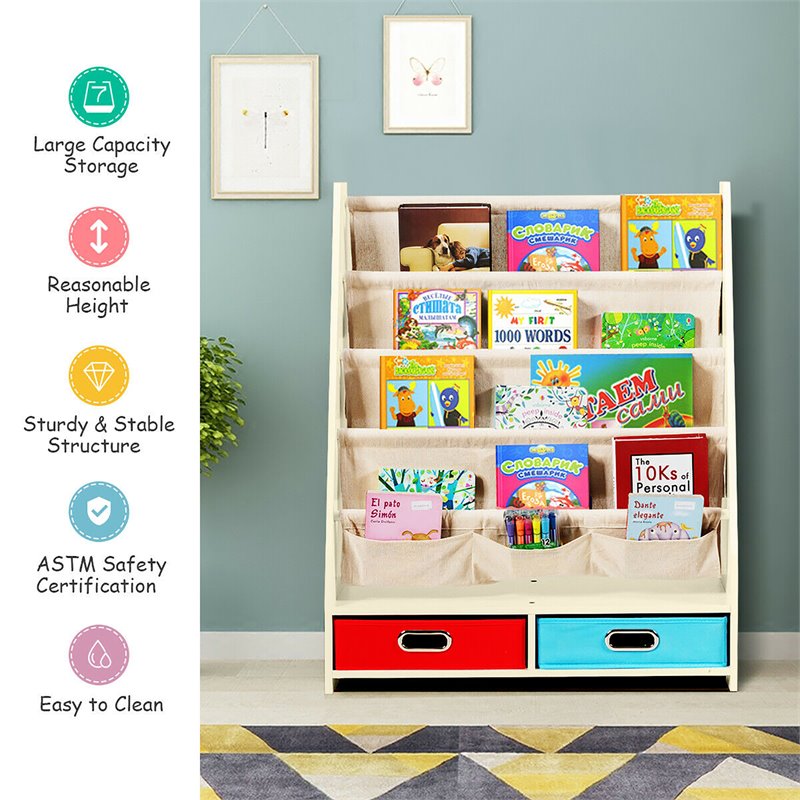 Pemberly Row Kids Book Rack Toys Organizer w/ 4 Sling Bookshelf & 2-Box in Beige