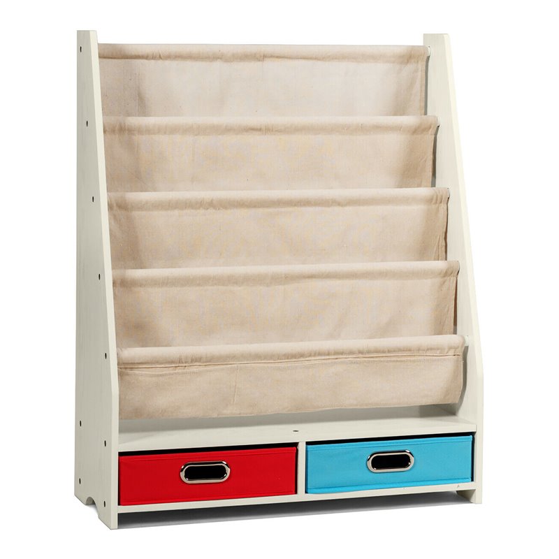 Pemberly Row Kids Book Rack Toys Organizer w/ 4 Sling Bookshelf & 2-Box in Beige