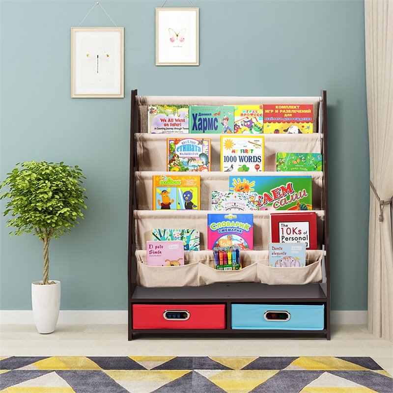 Pemberly Row Kids Book Rack Toys Organizer w/ 4 Sling Bookshelf & 2-Box-Espresso