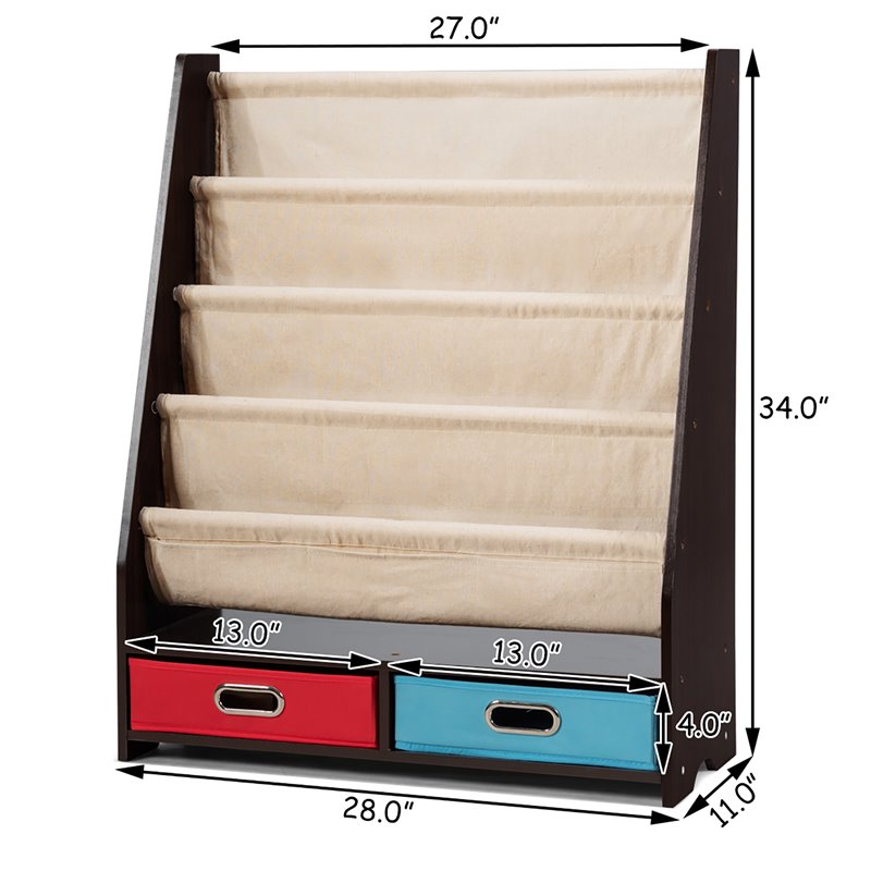 Pemberly Row Kids Book Rack Toys Organizer w/ 4 Sling Bookshelf & 2-Box-Espresso