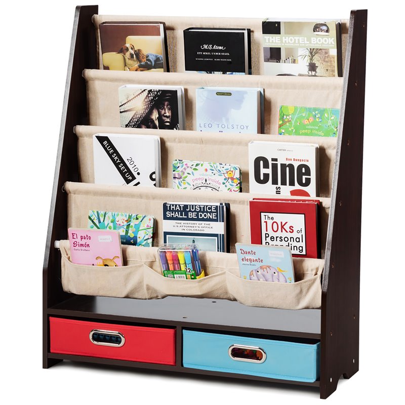 Pemberly Row Kids Book Rack Toys Organizer w/ 4 Sling Bookshelf & 2-Box-Espresso