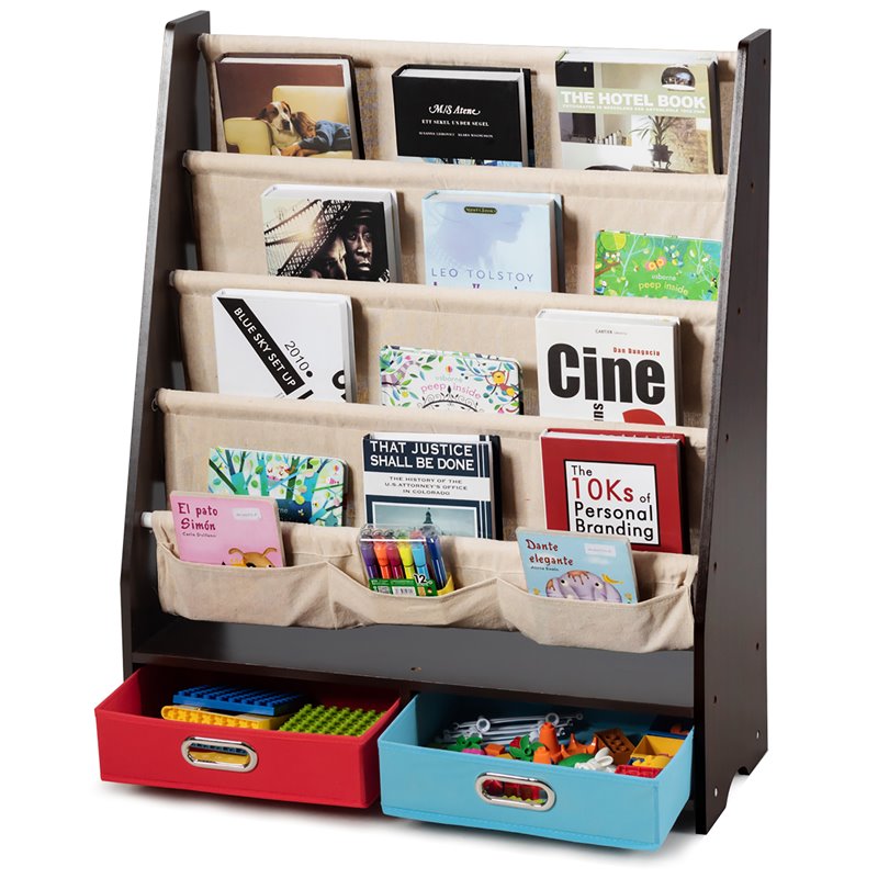 Pemberly Row Kids Book Rack Toys Organizer w/ 4 Sling Bookshelf & 2-Box-Espresso