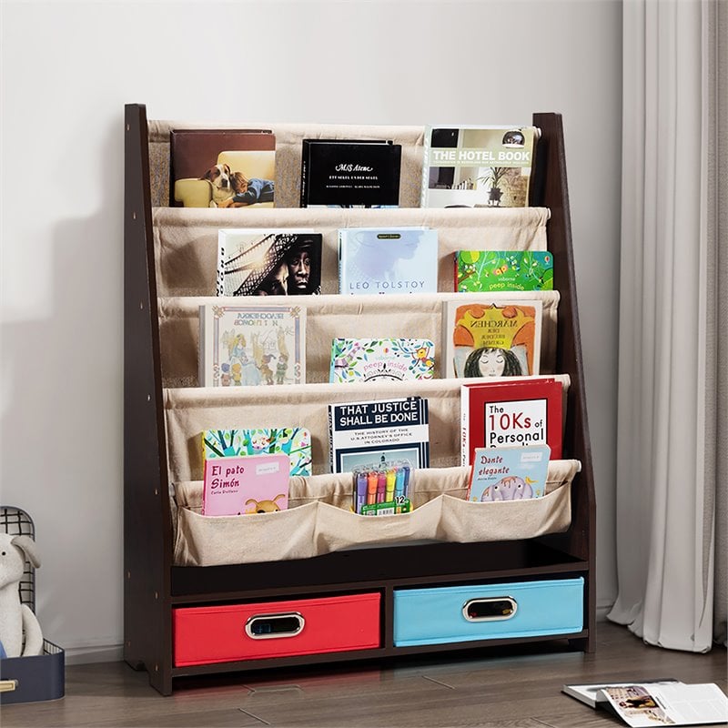 Pemberly Row Kids Book Rack Toys Organizer w/ 4 Sling Bookshelf & 2-Box-Espresso