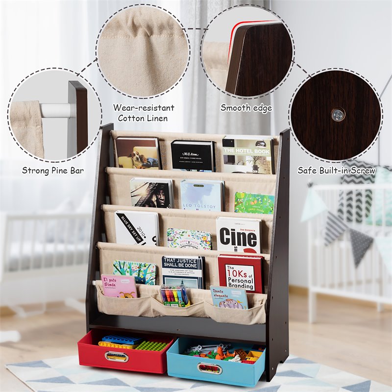 Pemberly Row Kids Book Rack Toys Organizer w/ 4 Sling Bookshelf & 2-Box-Espresso