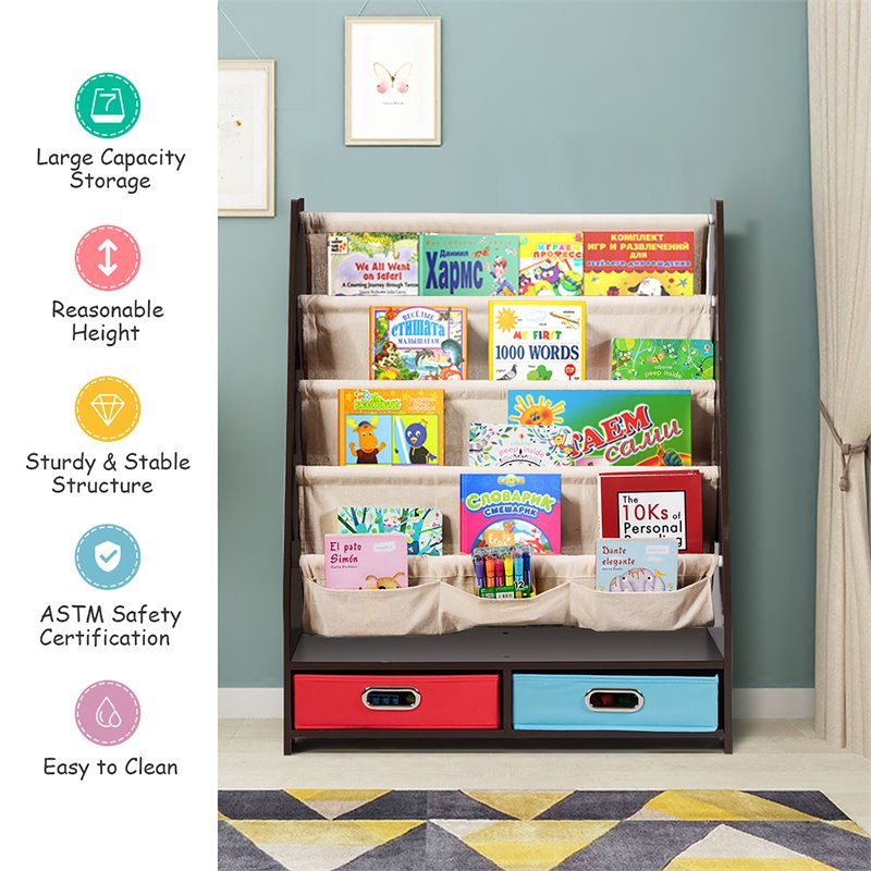 Pemberly Row Kids Book Rack Toys Organizer w/ 4 Sling Bookshelf & 2-Box-Espresso