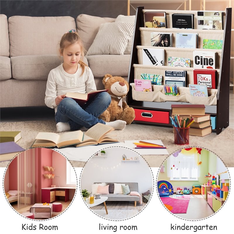 Pemberly Row Kids Book Rack Toys Organizer w/ 4 Sling Bookshelf & 2-Box-Espresso