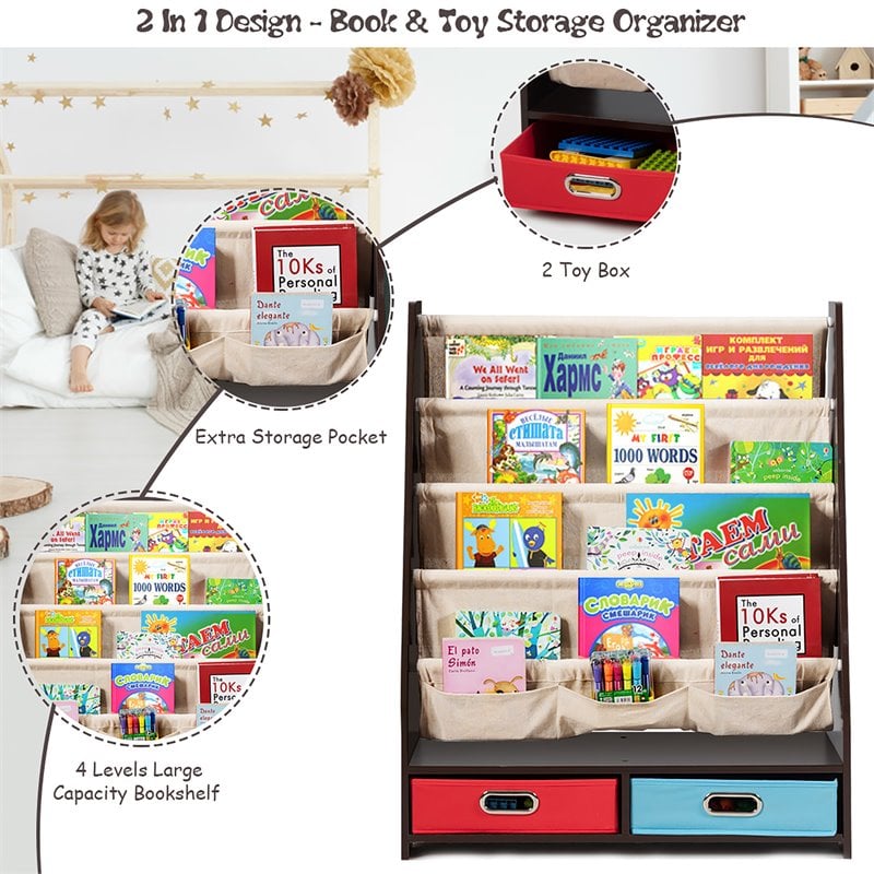 Pemberly Row Kids Book Rack Toys Organizer w/ 4 Sling Bookshelf & 2-Box-Espresso