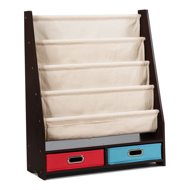 Pemberly Row Kids Book Rack Toys Organizer w/ 4 Sling Bookshelf & 2-Box-Espresso