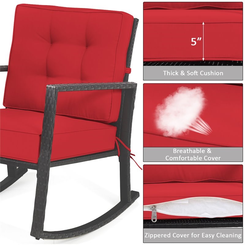 Pemberly Row Rattan Outdoor Rocker Chair Glider Wicker Rocking Chair in Red