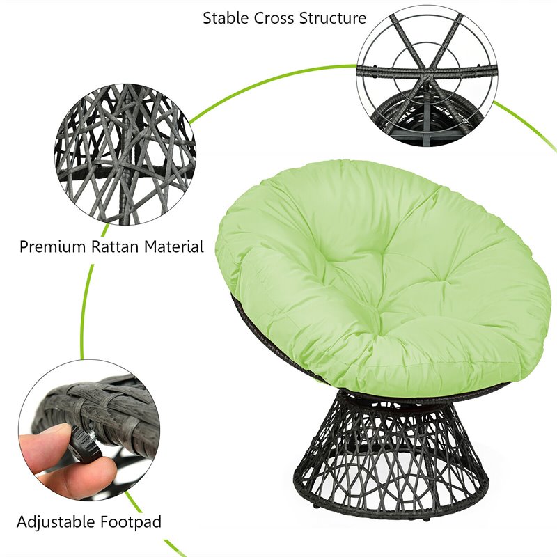 Pemberly Row Rattan Papasan Ergonomic Chair with Swivel Soft Cushion in Green