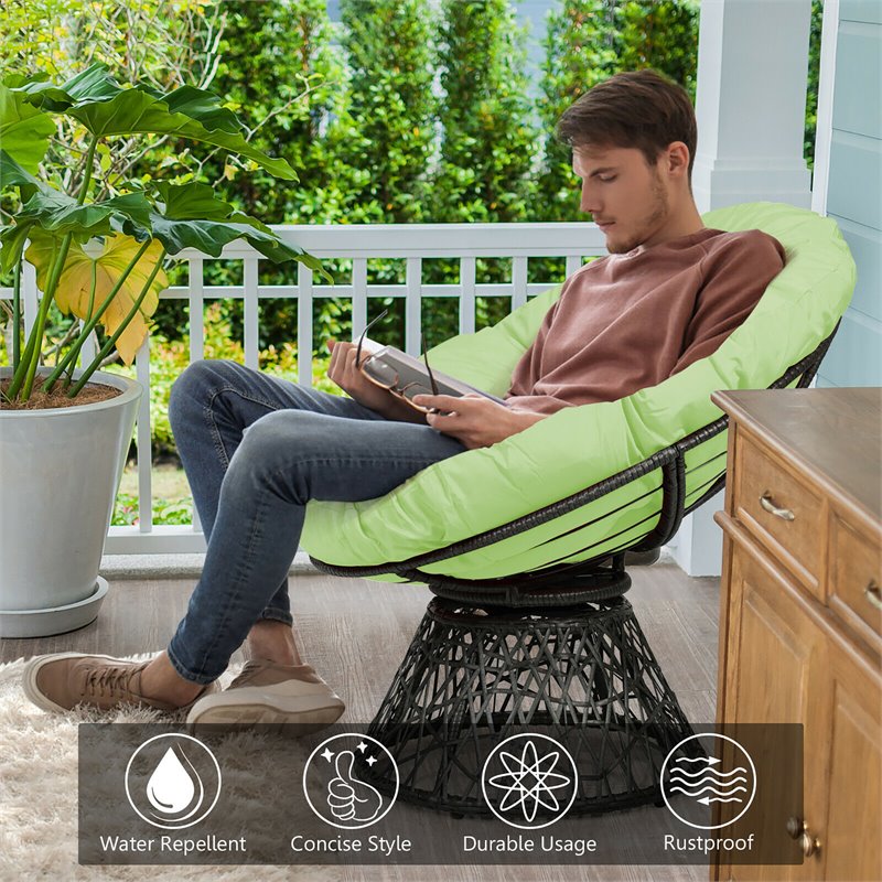 Pemberly Row Rattan Papasan Ergonomic Chair with Swivel Soft Cushion in Green