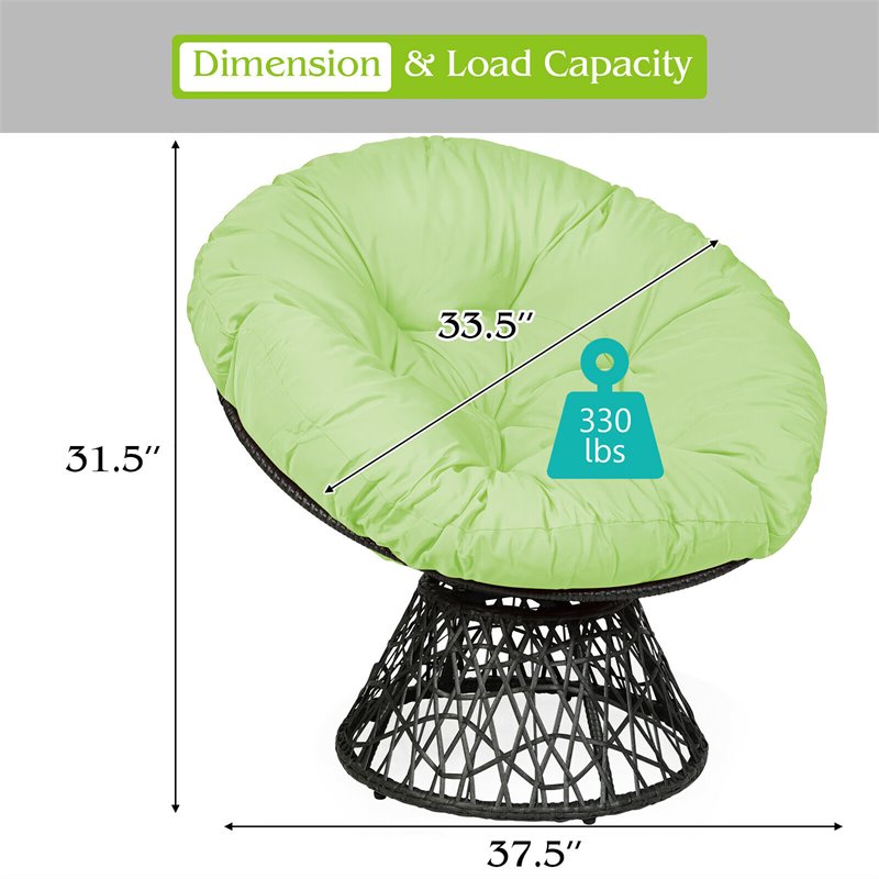 Pemberly Row Rattan Papasan Ergonomic Chair with Swivel Soft Cushion in Green