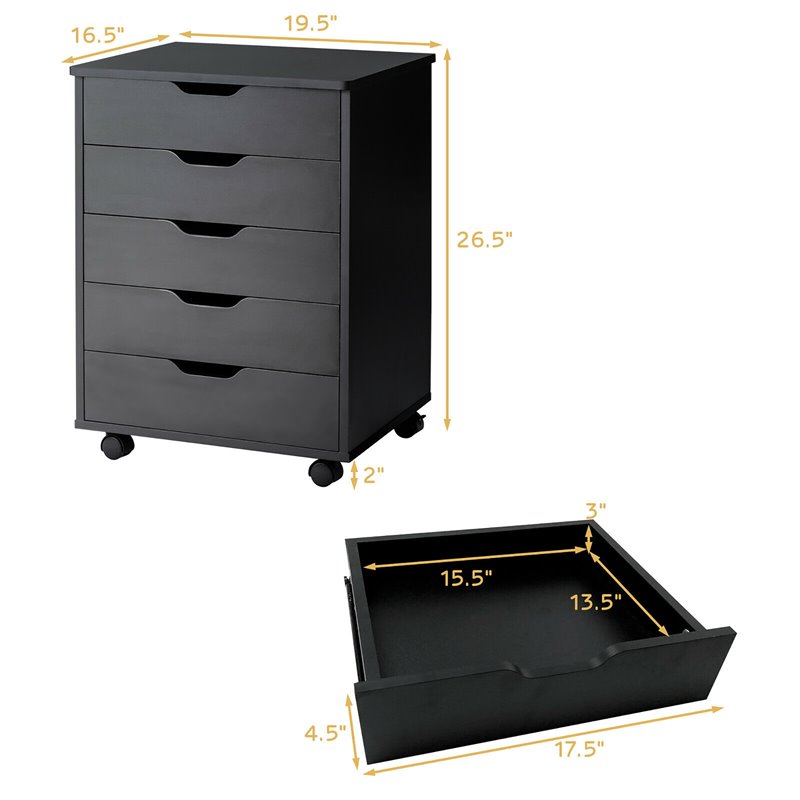 Pemberly Row 5-drawer Wheels Chest Storage Dresser Floor Cabinet Organizer-Black