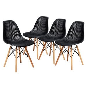Pemberly Row 32.5&quot Plastic Hollow-Out Chairs w/ Wood Legs-Black Seat (Set of 4)