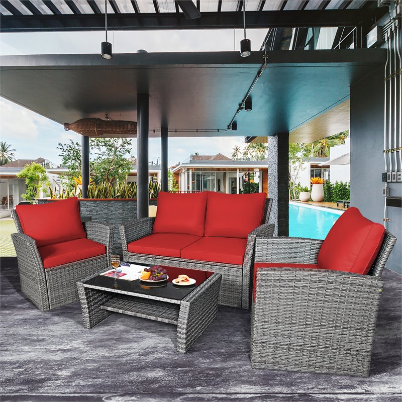 Pemberly Row 4-piece Rattan Patio Furniture Set with Storage Shelf in Red