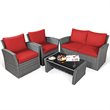 Pemberly Row 4-piece Rattan Patio Furniture Set with Storage Shelf in Red