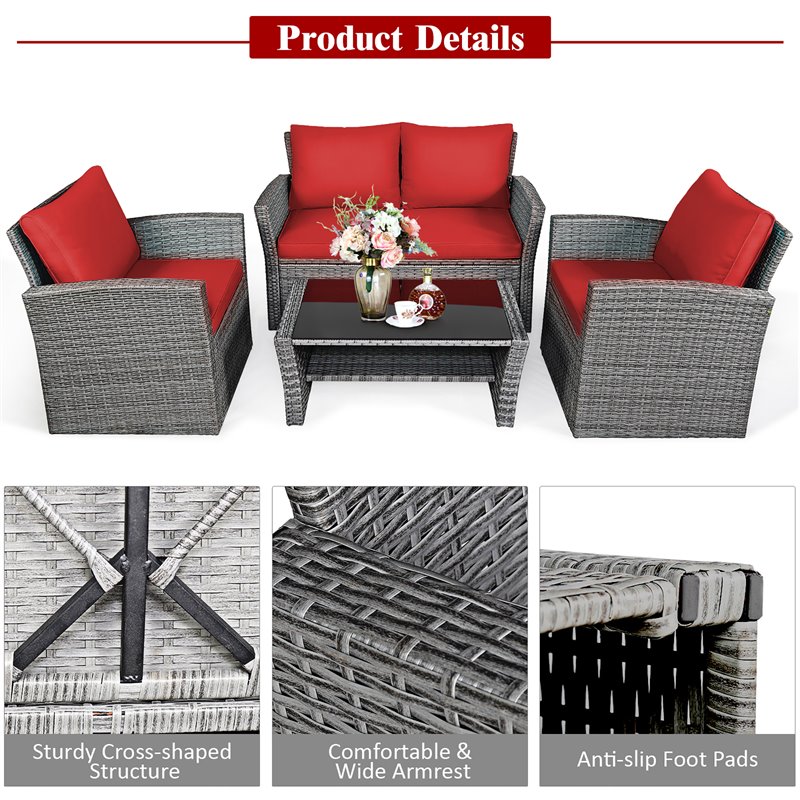 Pemberly Row 4-piece Rattan Patio Furniture Set with Storage Shelf in Red