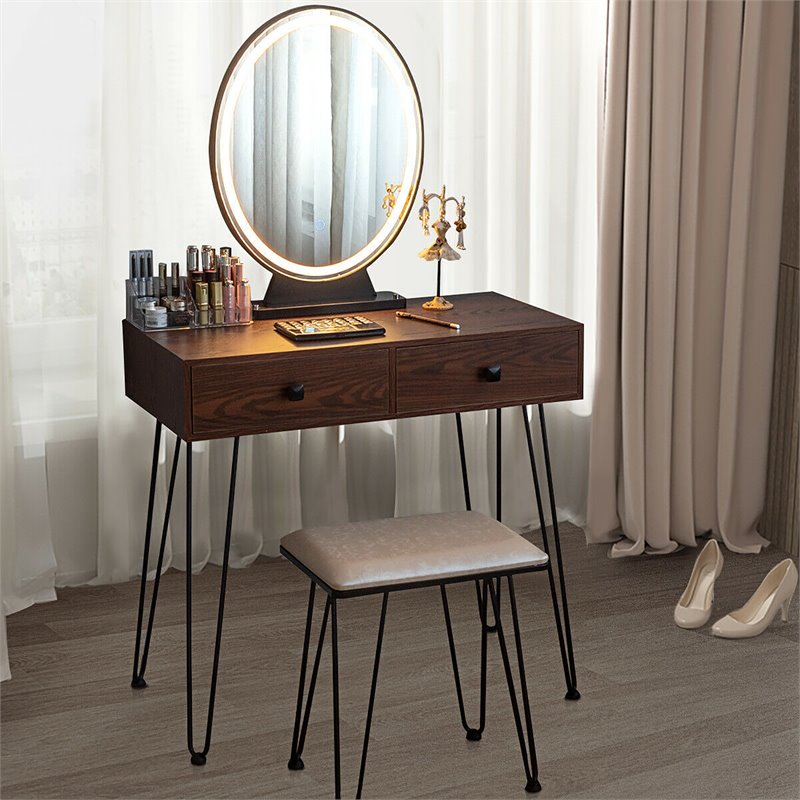 Pemberly Row Vanity Makeup Dressing Table with Mirror Touch Switch in Coffee