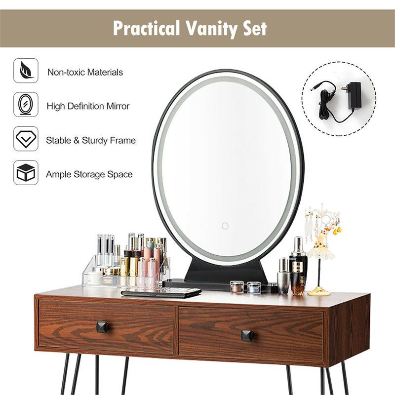 Pemberly Row Vanity Makeup Dressing Table with Mirror Touch Switch in Coffee