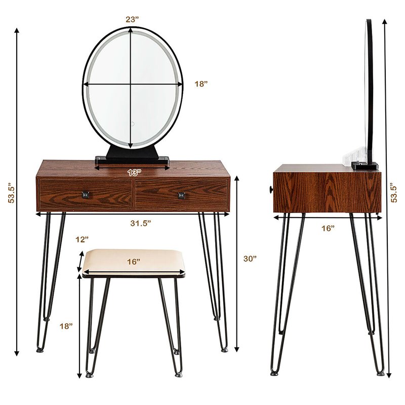 Pemberly Row Vanity Makeup Dressing Table with Mirror Touch Switch in Coffee