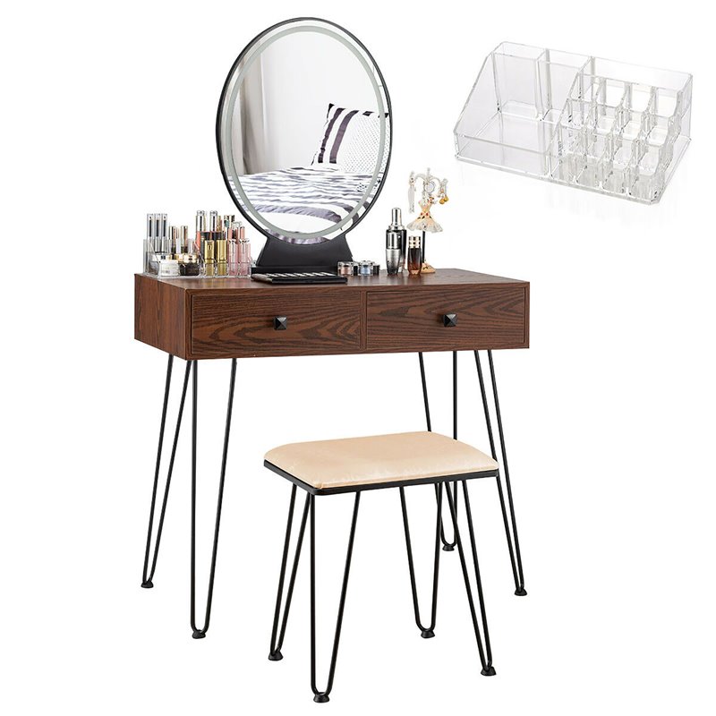 Pemberly Row Vanity Makeup Dressing Table with Mirror Touch Switch in Coffee