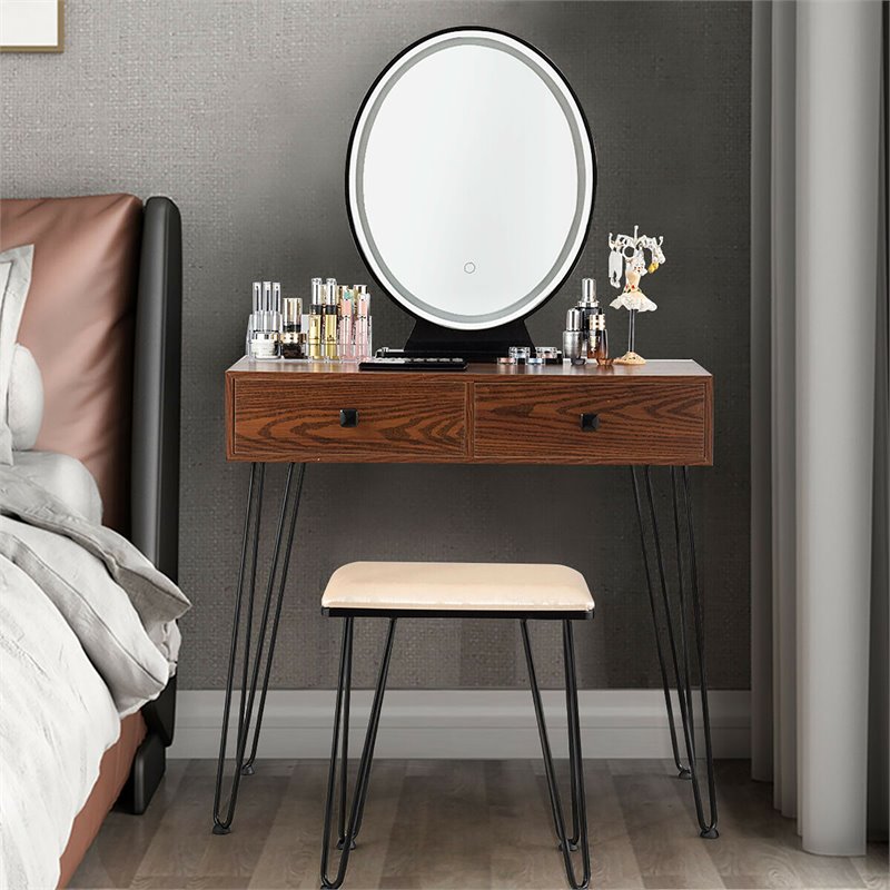 Pemberly Row Vanity Makeup Dressing Table with Mirror Touch Switch in Coffee