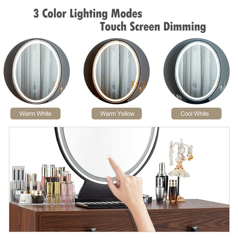 Pemberly Row Vanity Makeup Dressing Table with Mirror Touch Switch in Coffee
