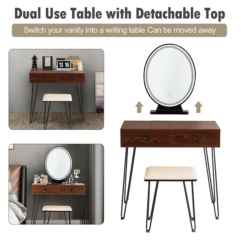Pemberly Row Vanity Makeup Dressing Table with Mirror Touch Switch in Coffee