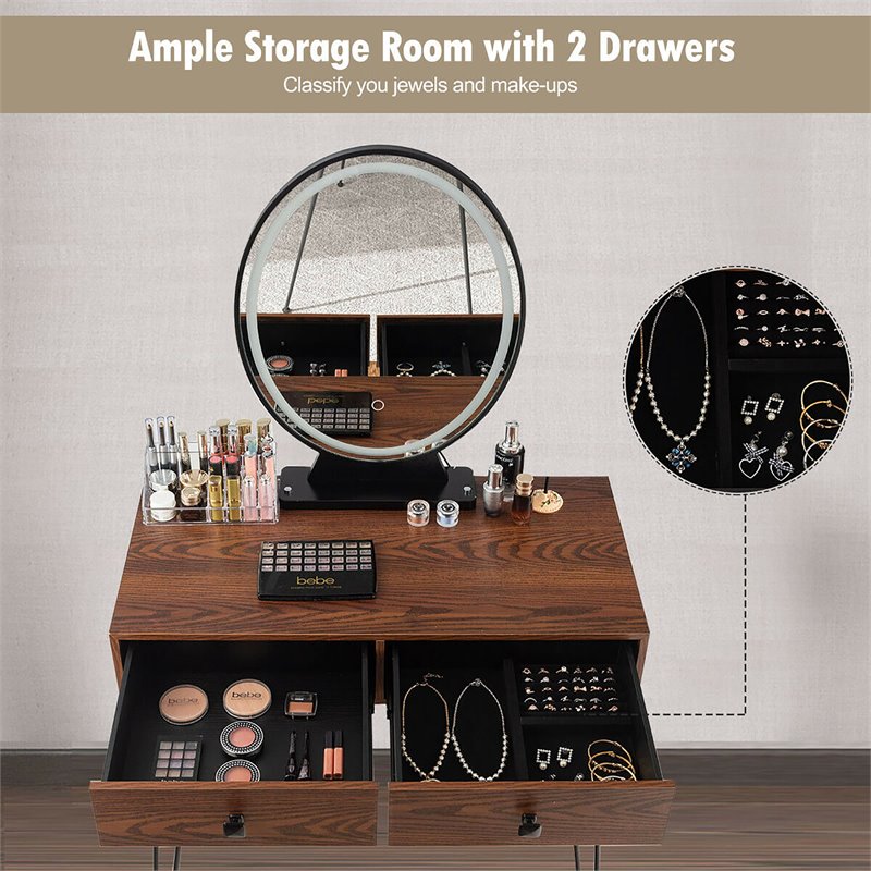 Pemberly Row Vanity Makeup Dressing Table with Mirror Touch Switch in Coffee