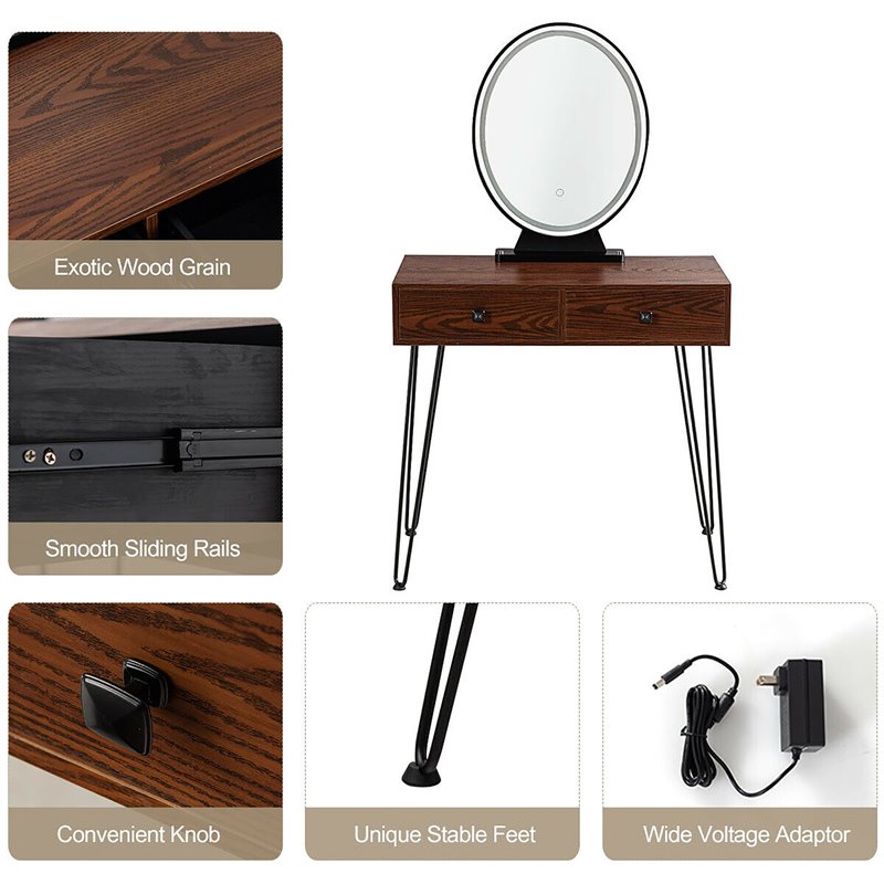Pemberly Row Vanity Makeup Dressing Table with Mirror Touch Switch in Coffee