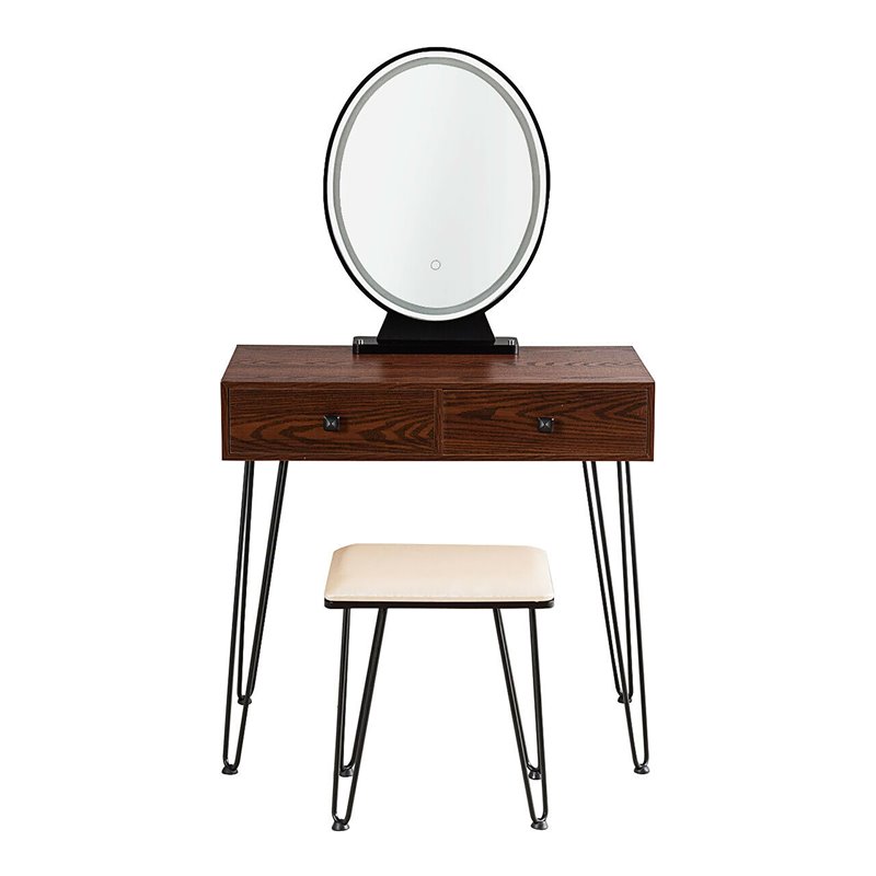 Pemberly Row Vanity Makeup Dressing Table with Mirror Touch Switch in Coffee