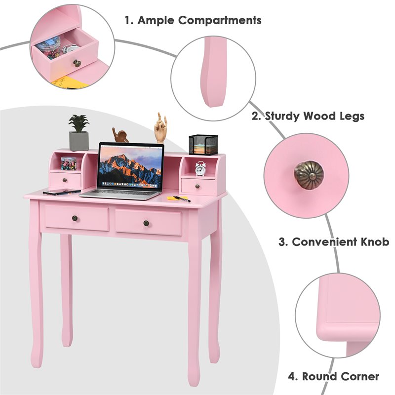 Pemberly Row MDF and Candlenut Dressing Table with 4 Drawers in Pink