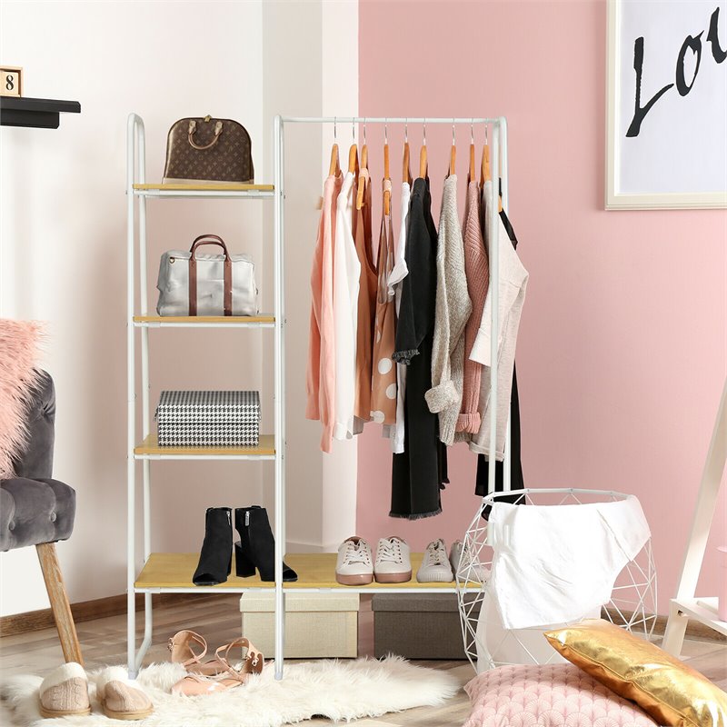 Pemberly Row 5 Shelves Metal Garment Rack Free Standing Closet Organizer - White