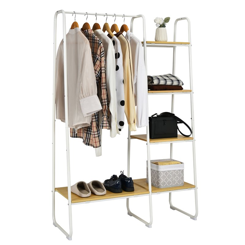 Pemberly Row 5 Shelves Metal Garment Rack Free Standing Closet Organizer - White