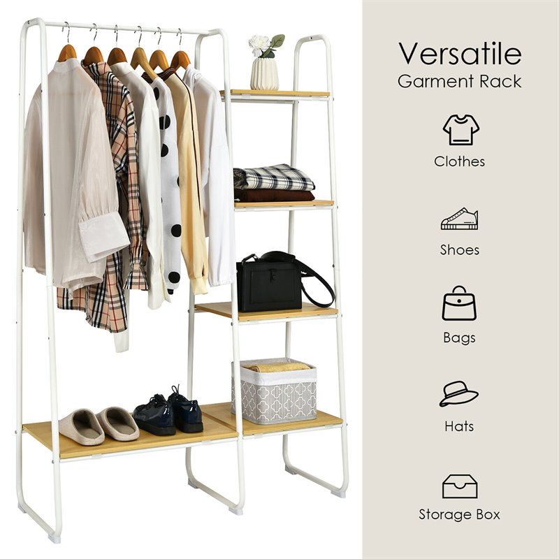 Pemberly Row 5 Shelves Metal Garment Rack Free Standing Closet Organizer - White