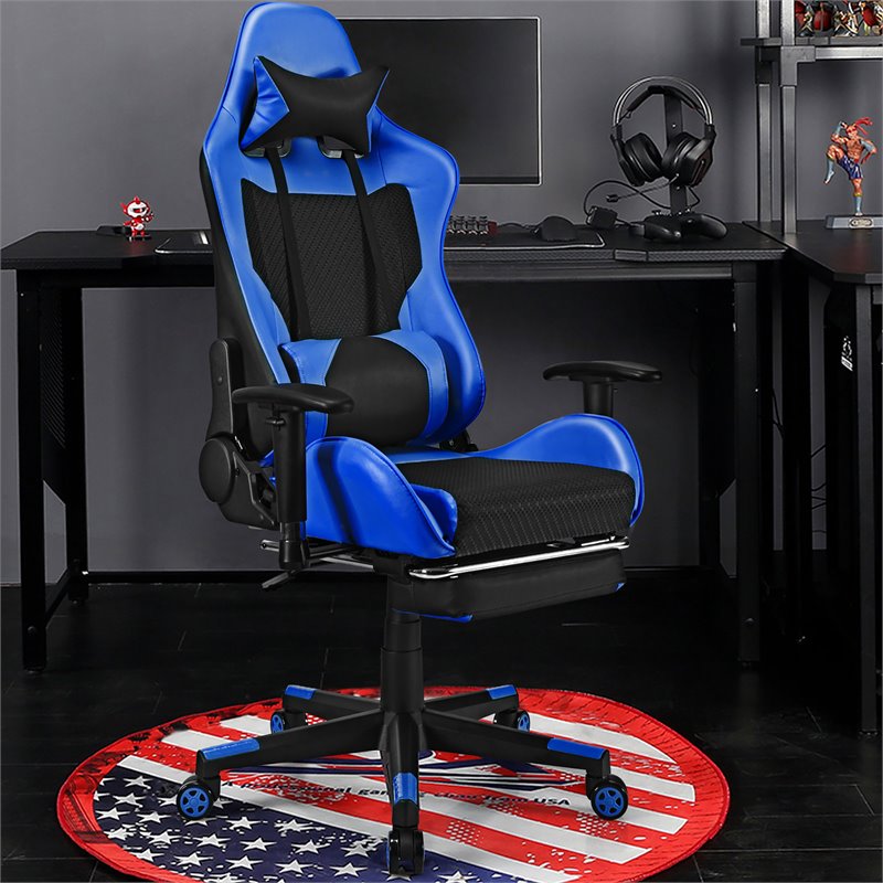 Pemberly Row PVC and Sponge Massage Gaming Chair with Footrest in Blue