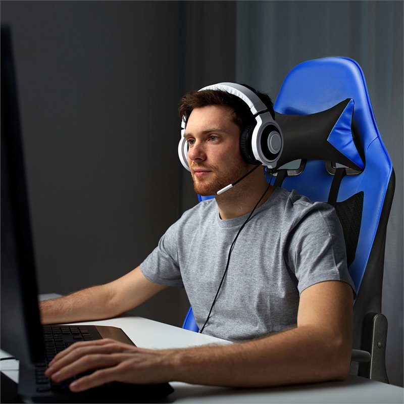Pemberly Row PVC and Sponge Massage Gaming Chair with Footrest in Blue