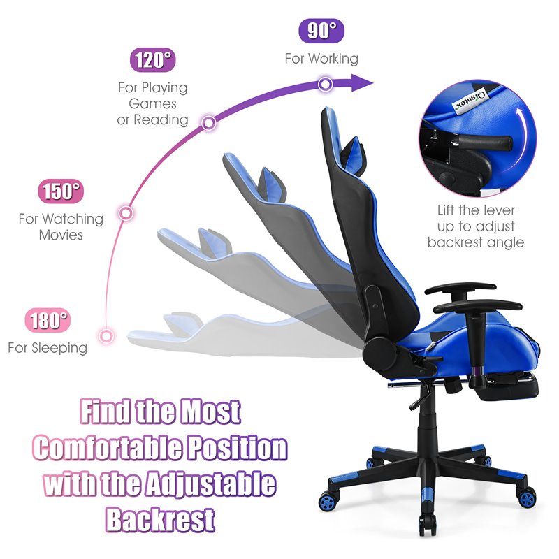 Pemberly Row PVC and Sponge Massage Gaming Chair with Footrest in Blue