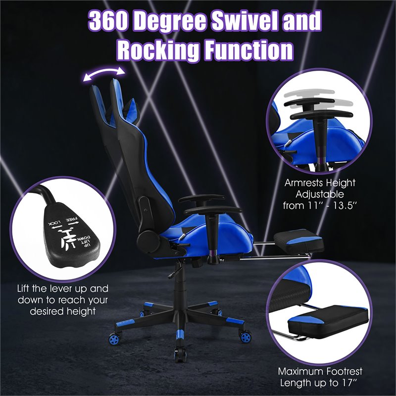 Pemberly Row PVC and Sponge Massage Gaming Chair with Footrest in Blue