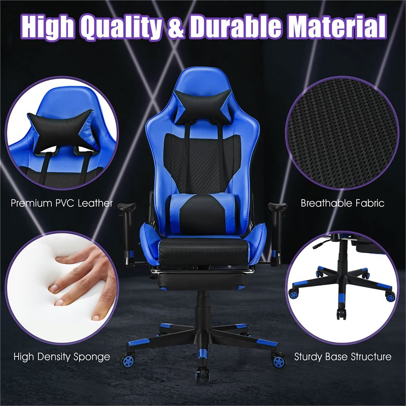Pemberly Row PVC and Sponge Massage Gaming Chair with Footrest in Blue