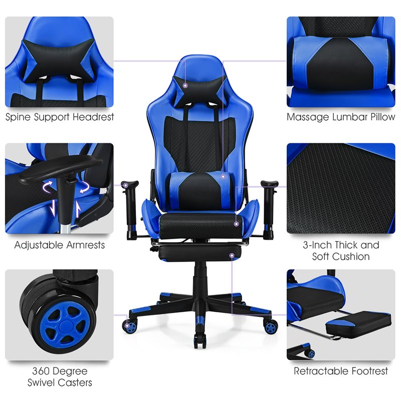 Pemberly Row PVC and Sponge Massage Gaming Chair with Footrest in Blue
