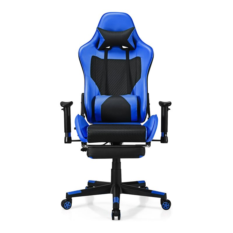 Pemberly Row PVC and Sponge Massage Gaming Chair with Footrest in Blue
