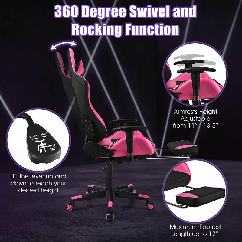 Pemberly Row PVC and Sponge Massage Gaming Chair with Footrest in Pink